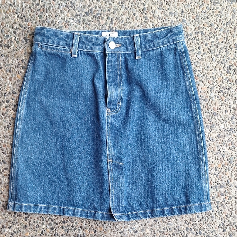 Vintage Calvin Klein Denim Welt Pocket Front Slit Mini Skirt Blue Size 6 USA